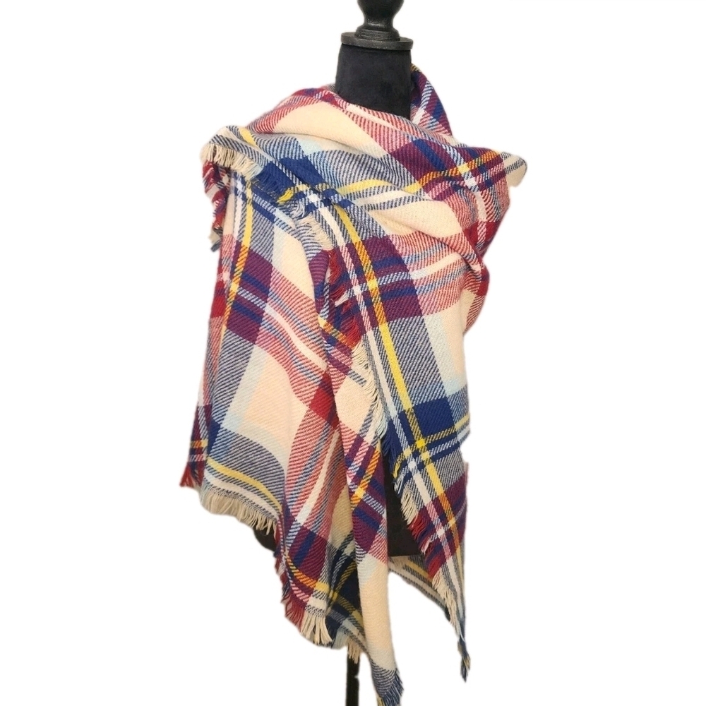 Women's Plaid Red Blue Yellow Tan Large Blanket Wrap Shawl Scarf